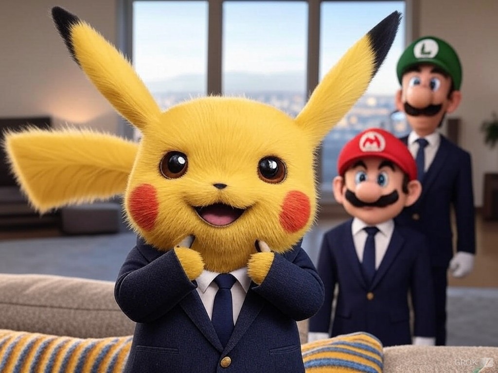 pikachu agent immobilier fait visiter un appartement à Mario et Luigi